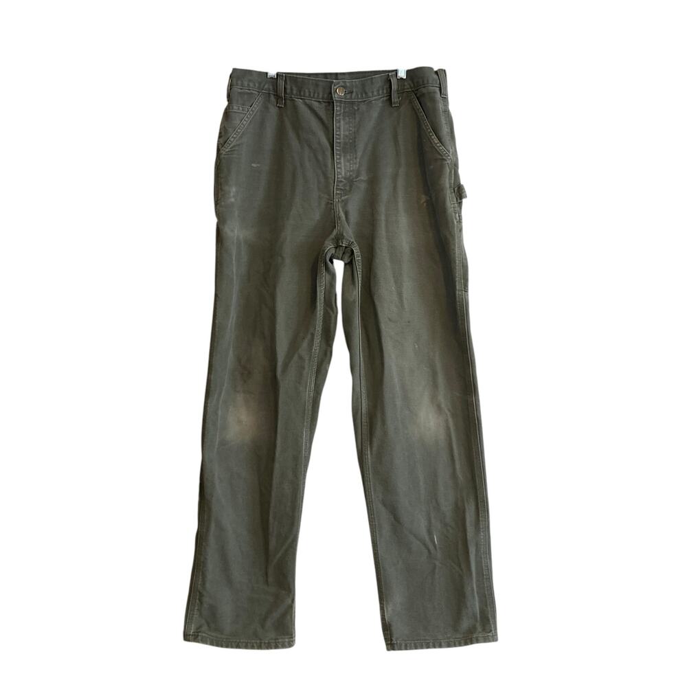 Mens Carhartt Drab Military Green Loose Original Fit Work Denim Jeans Size 36x32